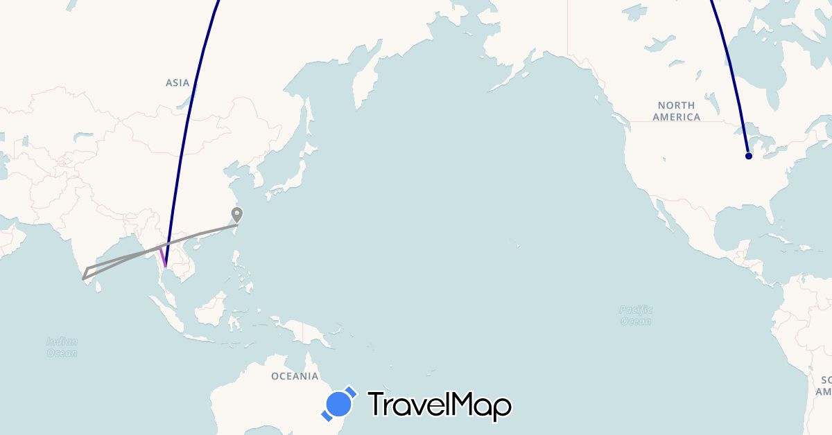 TravelMap itinerary: driving, plane, train in India, Thailand, Taiwan, United States (Asia, North America)